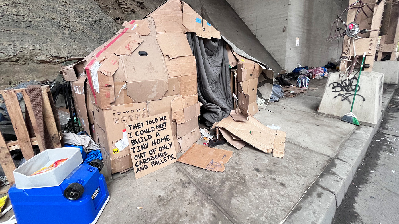 Cardboard shelter under a bridge, with a sign: "They told me I could not build a tiny home out of only cardboard and pallets." Photo taken at homeless Veteran outreach event.