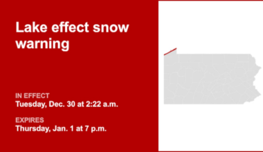 Lake effect snow warning active for Northern Erie until Thursday evening – gusts may reach 45 mph