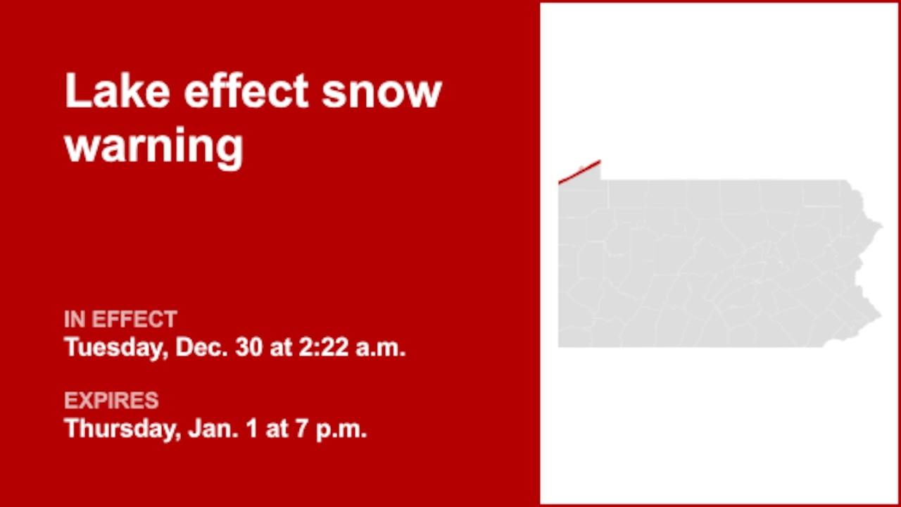 Lake effect snow warning active for Northern Erie until Thursday evening – gusts may reach 45 mph