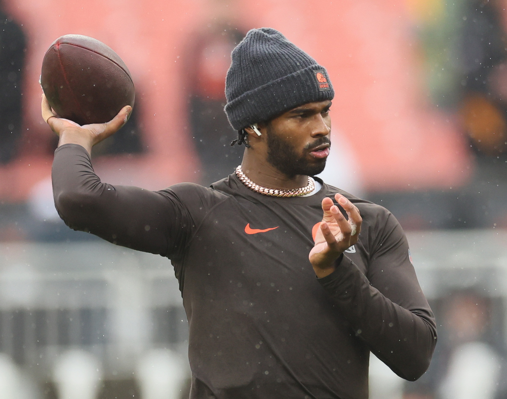 Cleveland Browns quarterback Shedeur Sanders throws a pass during warm ups before their game against the Pittsburgh Steelers.