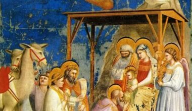 Adoration of the Magi. The Star of Bethlehem is shown as a comet above the child