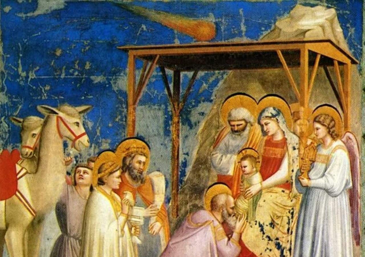Adoration of the Magi. The Star of Bethlehem is shown as a comet above the child