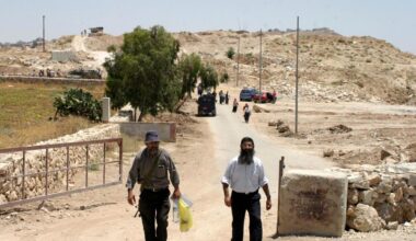 Israeli soldiers and police officers at the former Israeli military base, Ush al-Ghurab, at the edge of Beit Sahour outside of Bethlehem in February 2010. (Photo: Najeh Hashlamoun/APA Images)