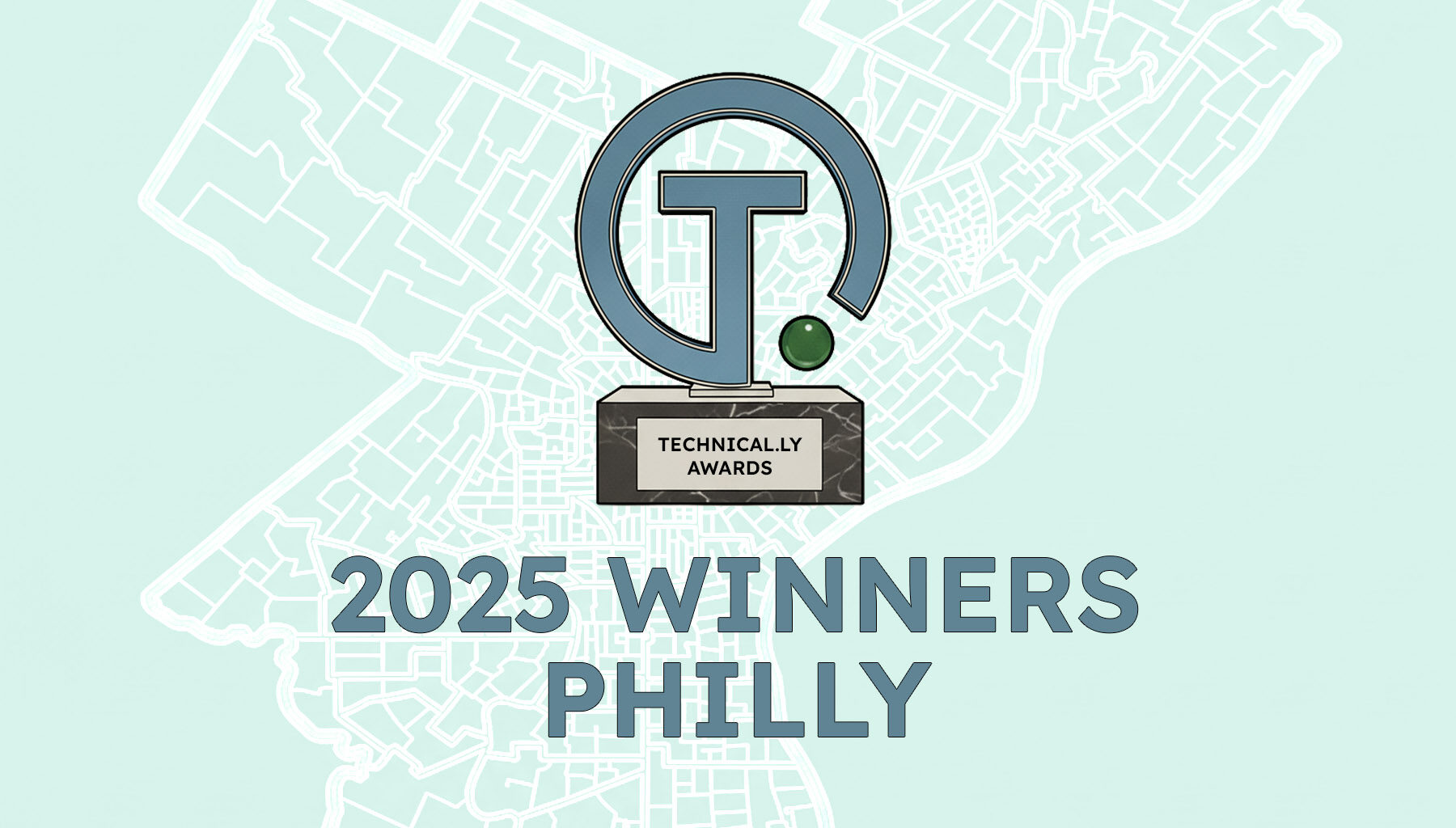 A map outline with a trophy icon labeled "Technically Awards" and text reading "2025 Winners Philly" in bold letters.