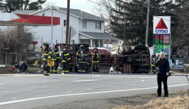 Gas truck rollover shuts down road in Moosic