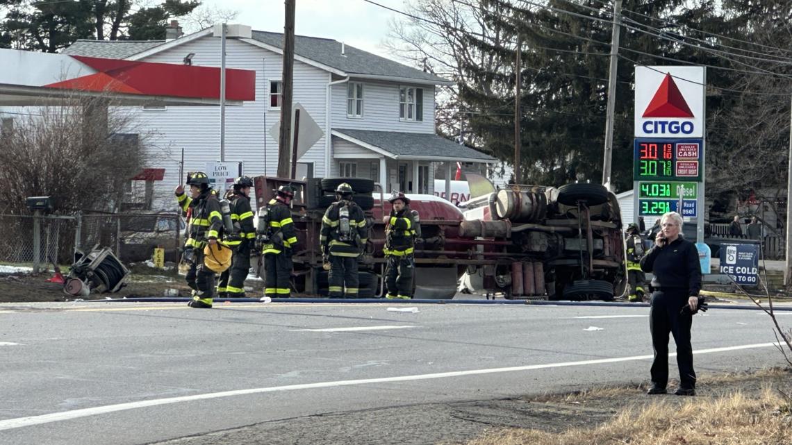 Gas truck rollover shuts down road in Moosic