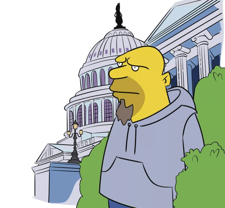 A Simpsons-like illustration of John Fetterman disappearing into bushes at the US Capitol