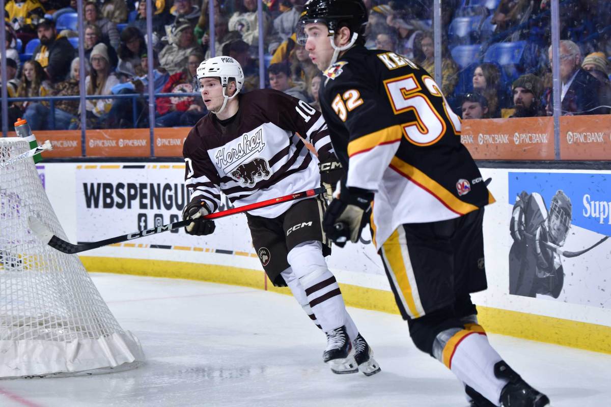 Ivan Miroshnichenko and Bogdan Trineyev score in Hershey’s 5-2 loss to Wilkes-Barre/Scranton