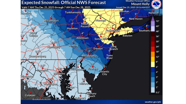 The latest snowfall projections from the National Weather Service's Mount Holly, N.J., forecast office. (NWS)