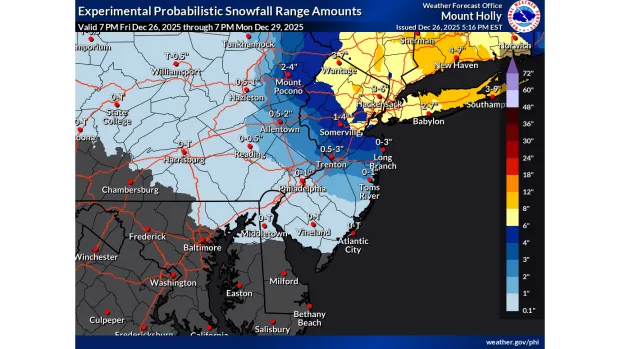 The latest snowfall projections from the National Weather Service's Mount Holly, N.J., forecast office.