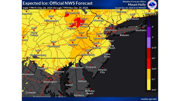 Projected ice accumulations from the National Weather Service's Mount Holly, N.J., forecast office.
