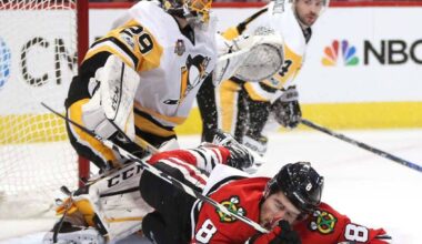 Marc-Andre Fleury (29) blocks Chicago Blackhawks' Nick Schmaltz (8) from scoring.