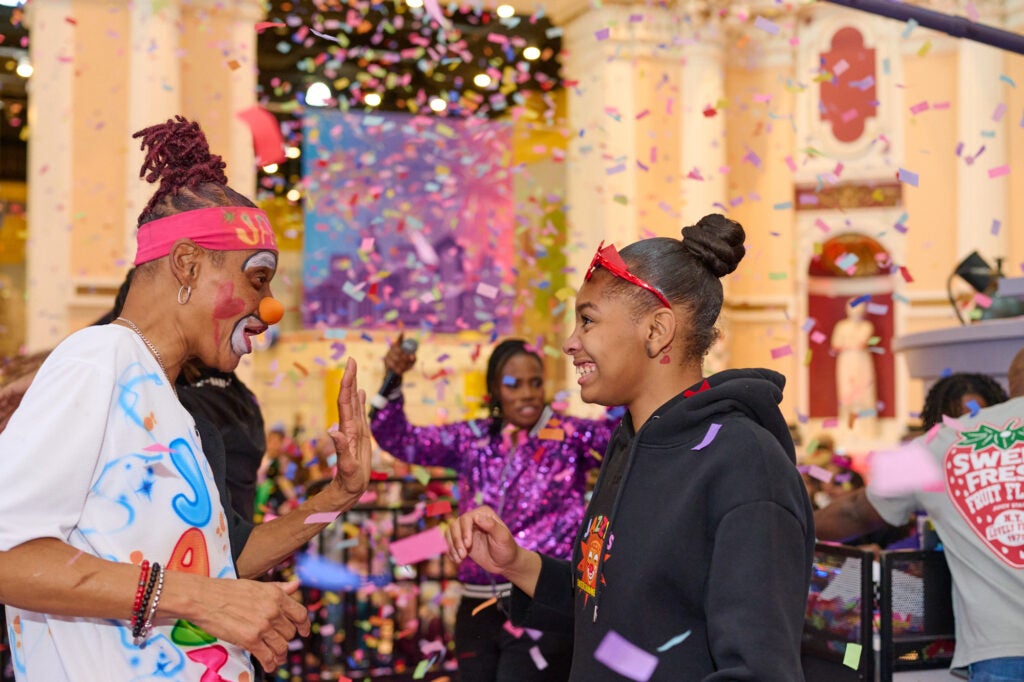Jazzy the Clown (left) and other performers help kids and their families ring in 2026 at the Please Touch Museum on Dec. 31, 2025.