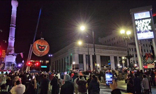 A giant hockey puck drops in Center Square Allentown to ring in the new year for 2025. 
