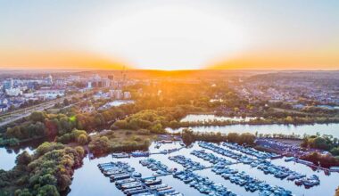 An aerial view of Reading and the marina