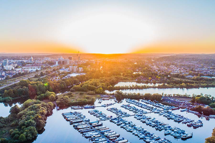 An aerial view of Reading and the marina
