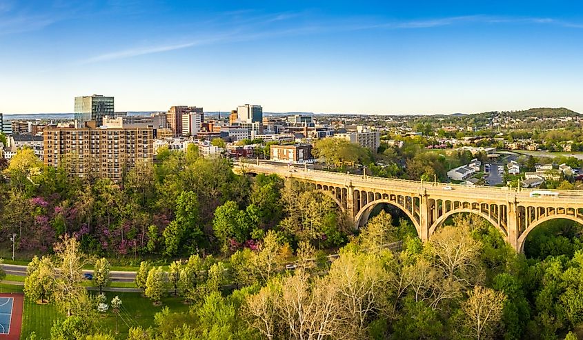 Aerial panorama of Allentown, Pennsylvania skyline.