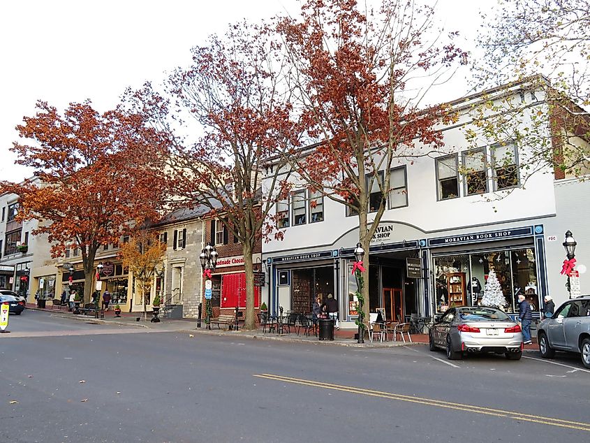 Quaint little shops and boutiques line the main street in picturesque Bethlehem, Pennsylvania.