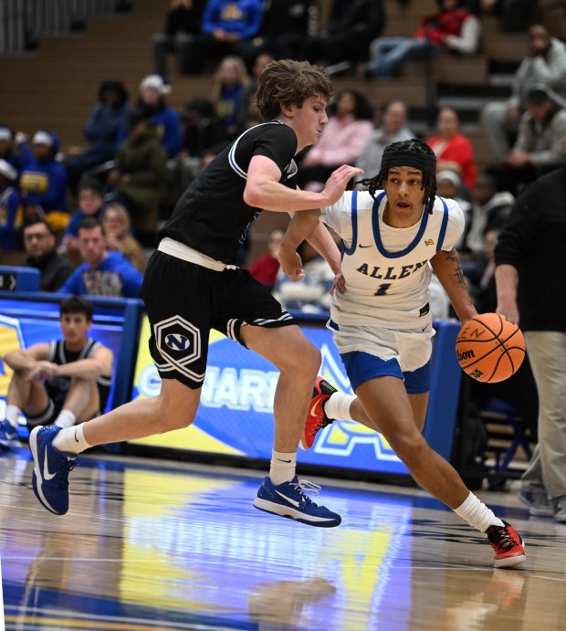 Allen's Tiheed Wise Jr. drives up the court against Nazareth on Tuesday, Dec.16, 2025, at William Allen High School in Allentown. (Amy Shortell/The Morning Call)