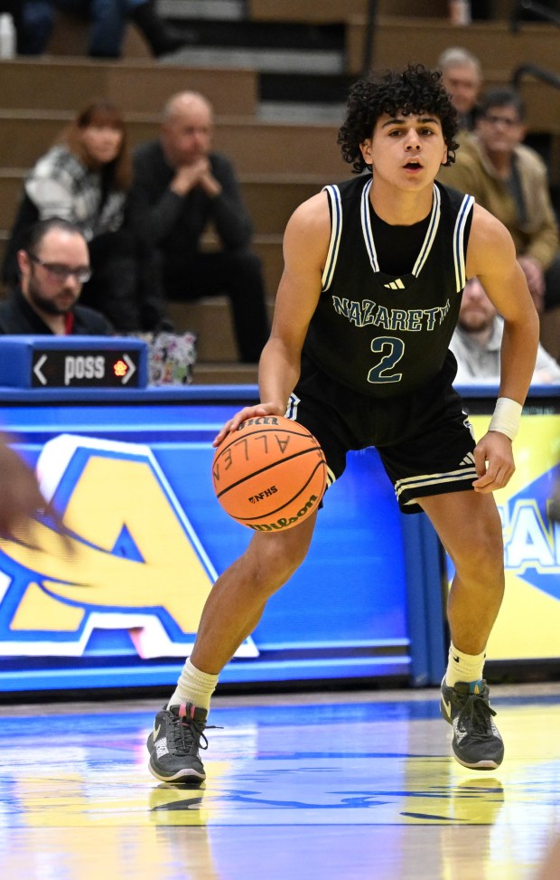 Nazareth's Alexander Rodriguez drives up the court against Nazareth on Tuesday, Dec.16, 2025, at William Allen High School in Allentown. (Amy Shortell/The Morning Call)