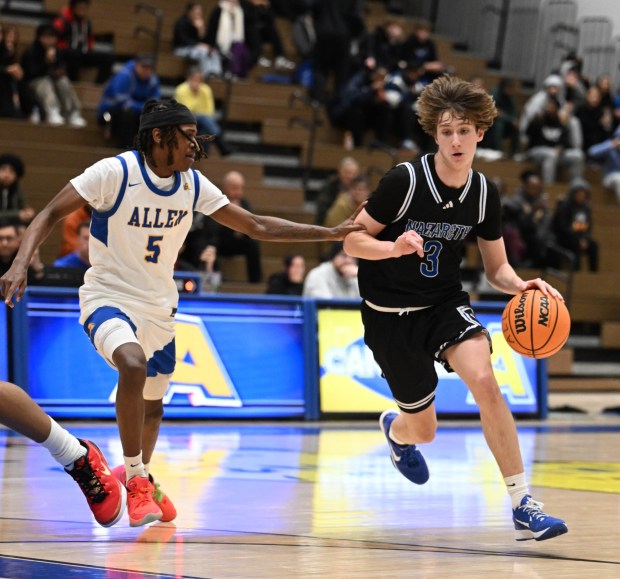 Nazareth's Blake Nagurney drives up the court against Nazareth on Tuesday, Dec.16, 2025, at William Allen High School in Allentown. (Amy Shortell/The Morning Call)