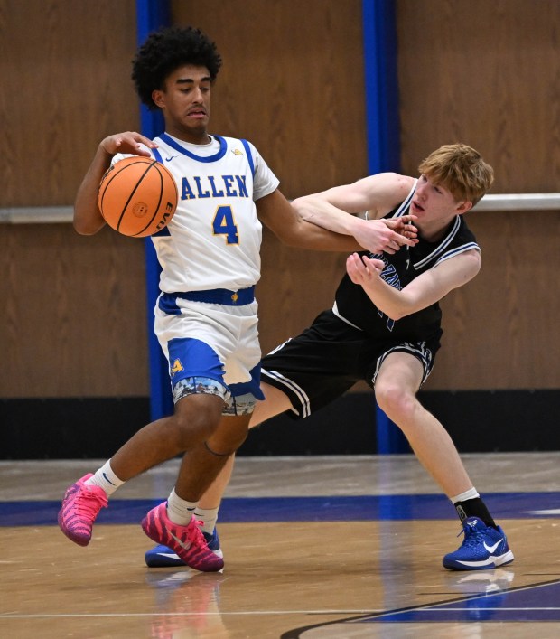 Allen's Obed Lockhart drives up the court against Nazareth on Tuesday, Dec.16, 2025, at William Allen High School in Allentown. (Amy Shortell/The Morning Call)