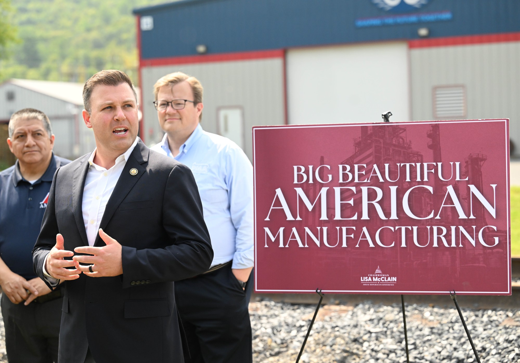 U.S. Rep. Ryan Mackenzie, R-7th District, speaks during a news conference Thursday, Aug. 7, 2025, after a tour of the U.S. Metal Powders/Ampal plant in Palmerton, where U.S. Reps. Ryan Mackenzie, R-7th District, and Lisa McClain, R-Michigan, promoted benefits of the budget reconciliation law signed into law last month. McClain, who chairs the House Republican conference, is joining Republicans on a nationwide tour to promote the law, known as the One Big Beautiful Bill Act. (Amy Shortell/The Morning Call