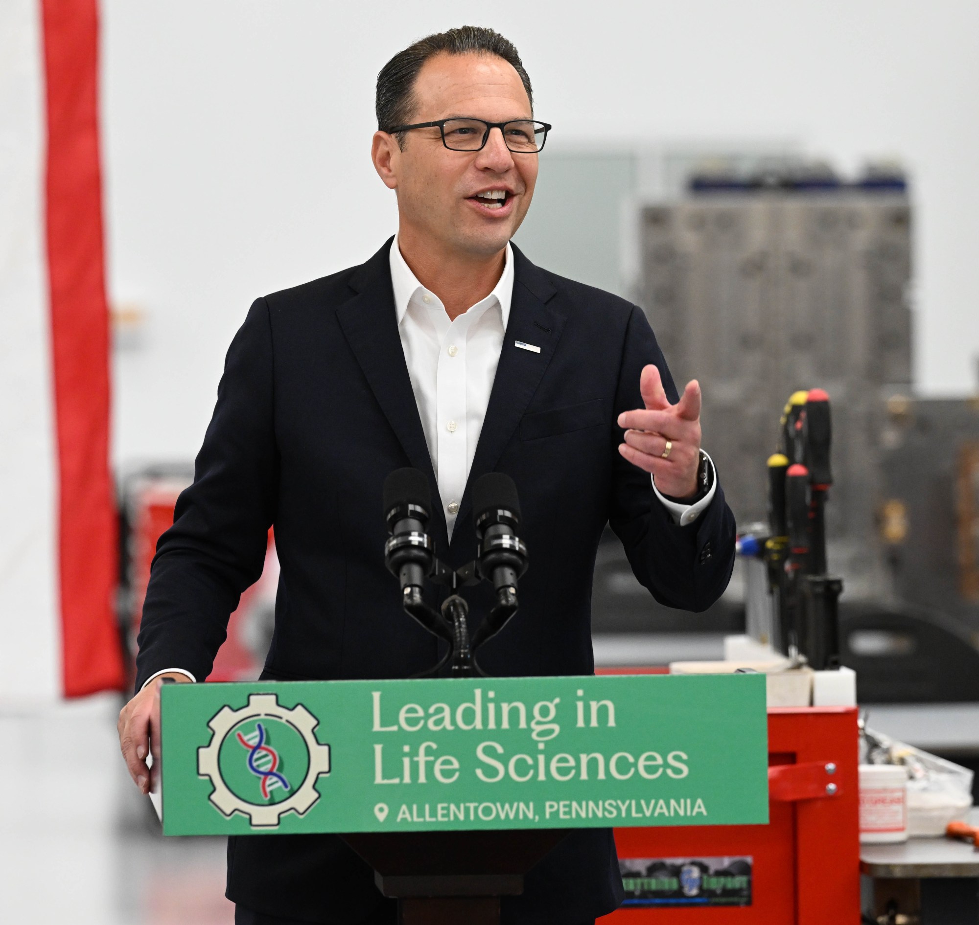 Gov. Josh Shapiro speaks as Gov. Josh Shapiro, state Community & Economic Development Secretary Rick Siger and B. Braun of America CEO Rob Albert announce a major expansion of B. Braun's footprint in Pennsylvania on Thursday, Sept. 18, 2025, in Allentown. B. Braun plans to invest $20 million and add 200 workers at Lehigh Valley plant. (Amy Shortell/The Morning Call)