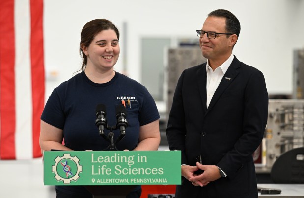 Apprentice Tessa MacLean speaks as Gov. Josh Shapiro, state Community & Economic Development Secretary Rick Siger and B. Braun of America CEO Rob Albert announce a major expansion of B. Braun's footprint in Pennsylvania on Thursday, Sept. 18, 2025, in Allentown. B. Braun plans to invest $20 million and add 200 workers at Lehigh Valley plant. (Amy Shortell/The Morning Call)