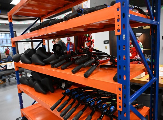 Bikes are assembled during the Manufacturers Resource Center's annual Santa's Standard Workshop on Wednesday, Dec. 10, 2025, in Upper Macungie Township. Workers from Just Born, Lutron, Northeast Products & Services and Ocean Spray came together to assemble bikes for Community Bike Works youth while learning lean manufacturing principles. (Amy Shortell / The Morning Call)