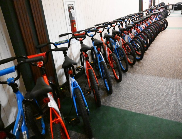 Bikes are assembled during the Manufacturers Resource Center's annual Santa's Standard Workshop on Wednesday, Dec. 10, 2025, in Upper Macungie Township. Workers from Just Born, Lutron, Northeast Products & Services and Ocean Spray came together to assemble bikes for Community Bike Works youth while learning lean manufacturing principles. (Amy Shortell / The Morning Call)