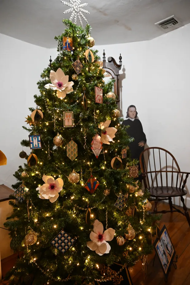 The Art Deco tree is seen Sunday, Dec. 7, 2025, at the Moravian Museum of Bethlehem in the 1741 Gemeinhaus in Bethlehem during the "Trees of Historic Bethlehem" exhibition. The show, presented by Historic Bethlehem Museums & Sites, is back for the 2025 holiday season with a collection of the top Christmas trees and themes of the past 20 years. It runs through Jan. 11. (Amy Shortell/The Morning Call)