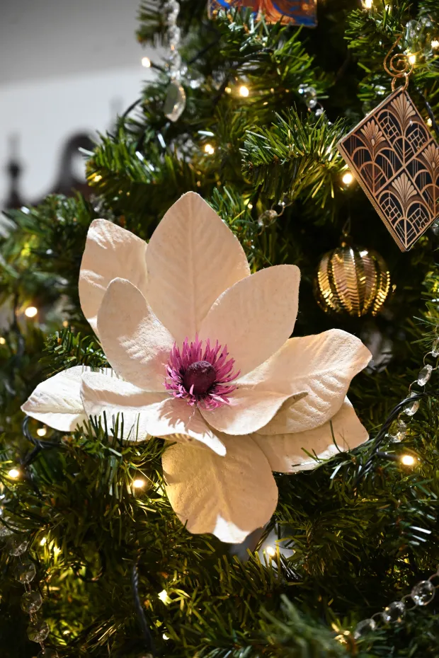 The Art Deco tree is seen Sunday, Dec. 7, 2025, at the Moravian Museum of Bethlehem in the 1741 Gemeinhaus in Bethlehem during the "Trees of Historic Bethlehem" exhibition. The show, presented by Historic Bethlehem Museums & Sites, is back for the 2025 holiday season with a collection of the top Christmas trees and themes of the past 20 years. It runs through Jan. 11. (Amy Shortell/The Morning Call)