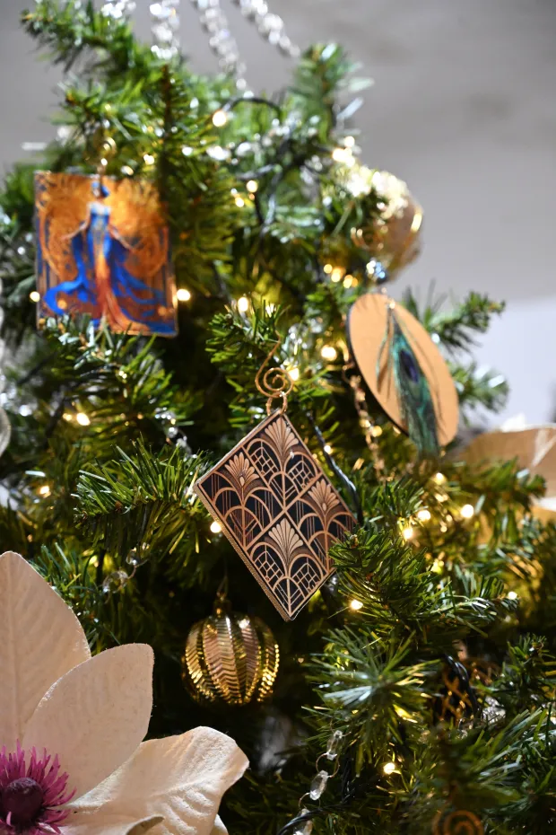 The Art Deco tree is seen Sunday, Dec. 7, 2025, at the Moravian Museum of Bethlehem in the 1741 Gemeinhaus in Bethlehem during the "Trees of Historic Bethlehem" exhibition. The show, presented by Historic Bethlehem Museums & Sites, is back for the 2025 holiday season with a collection of the top Christmas trees and themes of the past 20 years. It runs through Jan. 11. (Amy Shortell/The Morning Call)