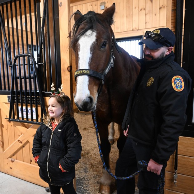 Avrianna Ross,6, of Whitehall, pets Bethlehem police horse Casper during the Holiday with the Horses open house Sunday, Dec. 7, 2025, at the Bethlehem mounted police unit's barn. (Amy Shortell/The Morning Call)