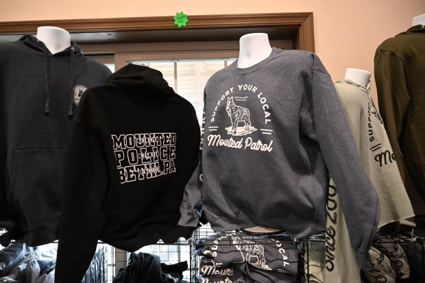 Merchandise is for sale at the Bethlehem mounted police unit's gift shop during the Holiday with the Horses open house Sunday, Dec. 7, 2025, at the unit's barn. (Amy Shortell/The Morning Call)
