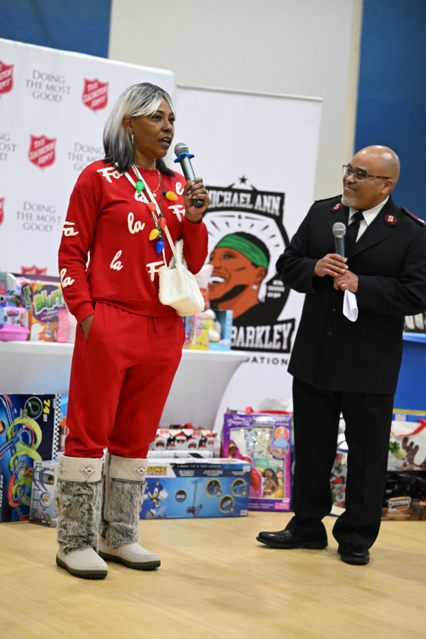 Tonya Johnson, All-Pro running back Saquon Barkley's mom and vice president of the Michael Ann and Saquon Barkley Hope Foundation, speaks Monday, Dec. 22, 2025, at the Salvation Army in Allentown. The foundation, Salvation Army and Ashley's Furniture joined to donate beds, mattresses and toys to Lehigh Valley families in need, including some whose homes were burned in recent fires. (Amy Shortell/The Morning Call)