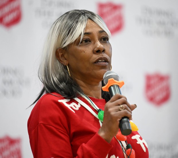 Tonya Johnson, All-Pro running back Saquon Barkley's mom and vice president of the Michael Ann and Saquon Barkley Hope Foundation, speaks Monday, Dec. 22, 2025, at the Salvation Army in Allentown. The foundation, Salvation Army and Ashley's Furniture joined to donate beds, mattresses and toys to Lehigh Valley families in need, including some whose homes were burned in recent fires. (Amy Shortell/The Morning Call)