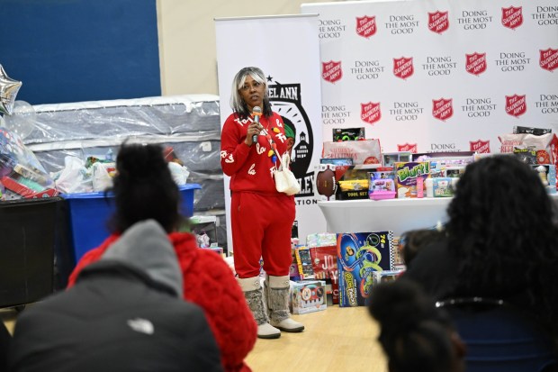 Tonya Johnson, All-Pro running back Saquon Barkley's mom and vice president of the Michael Ann and Saquon Barkley Hope Foundation, speaks Monday, Dec. 22, 2025, at the Salvation Army in Allentown. The foundation, Salvation Army and Ashley's Furniture joined to donate beds, mattresses and toys to Lehigh Valley families in need, including some whose homes were burned in recent fires. (Amy Shortell/The Morning Call)