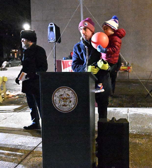 Bethlehem Mayor J. William Reynolds speaks Monday, Dec. 15, 2025, during a Hanukkah menorah lighting at Payrow Plaza in Bethlehem. Monday was the second night of the eight-day Jewish Festival of Lights. (Amy Shortell/The Morning Call)