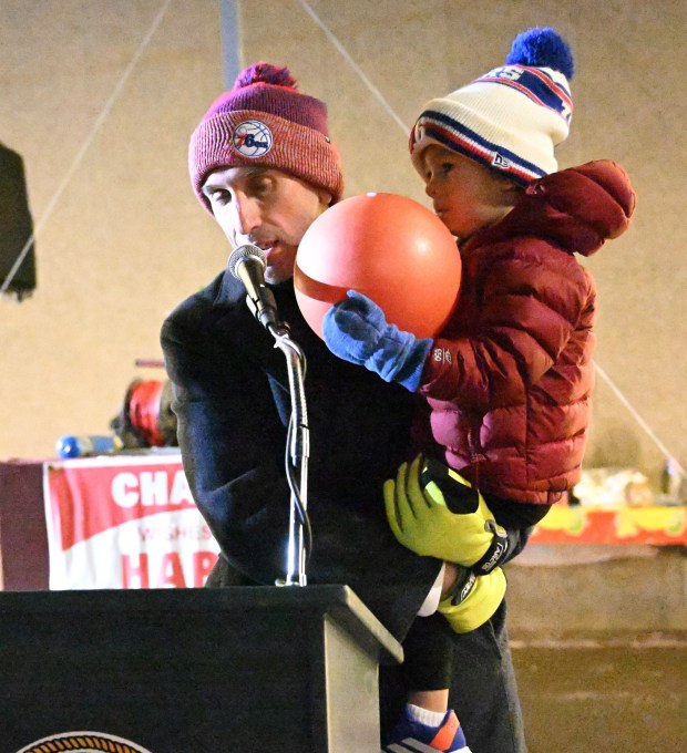 Bethlehem Mayor J. William Reynolds speaks Monday, Dec. 15, 2025, during a Hanukkah menorah lighting at Payrow Plaza in Bethlehem. Monday was the second night of the eight-day Jewish Festival of Lights. (Amy Shortell/The Morning Call)