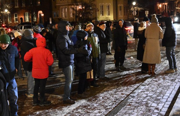 The crowd sings Monday, Dec. 15, 2025, during a Hanukkah menorah lighting at Payrow Plaza in Bethlehem. Monday was the second night of the eight-day Jewish Festival of Lights. (Amy Shortell/The Morning Call)
