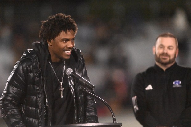 Jahan Dotson reacts as he is honored during a Nazareth Area High School football game as the school retires his number Friday, Oct. 10, 2025, in Nazareth. (Amy Shortell/The Morning Call)