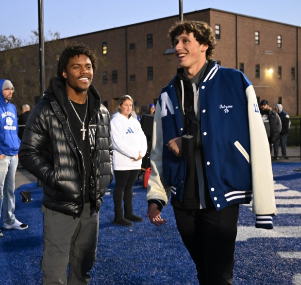 Jahan Dotson is honored during a Nazareth Area High School football game as the school retires his number Friday, Oct. 10, 2025, in Nazareth. (Amy Shortell/The Morning Call)