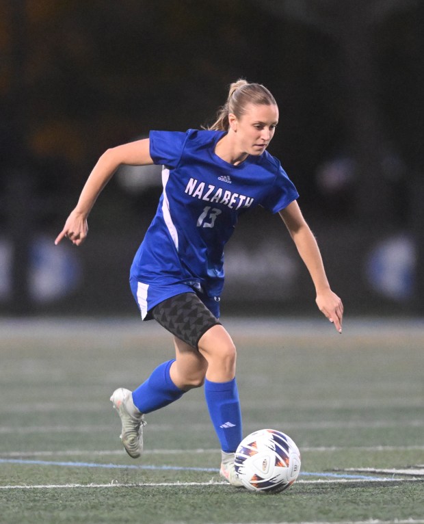 Nazareth's Madison Jankowski drives the ball down the field against Lower Merion on Tuesday, Nov. 4, 2025, during the first round of the state 4A girls soccer tournament at Nazareth High School. (Amy Shortell/The Morning Call)