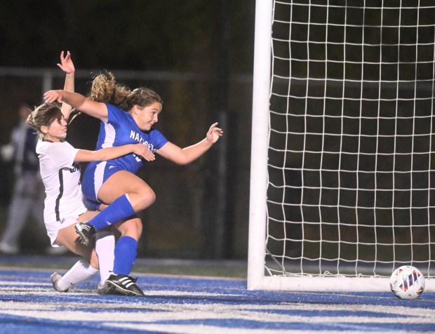 Nazareth's Isabella Danise scores against Lower Merion on Tuesday, Nov. 4, 2025, during the first round of the state 4A girls soccer tournament at Nazareth High School. (Amy Shortell/The Morning Call)