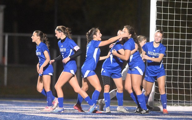 Nazareth celebrates a goal against Lower Merion on Tuesday, Nov. 4, 2025, during the first round of the state 4A girls soccer tournament at Nazareth High School. (Amy Shortell/The Morning Call)