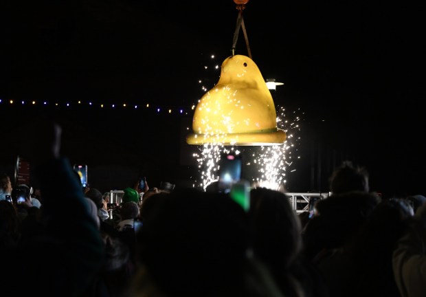 The Peeps chick drops to ring in the new year Tuesday, Dec. 31, 2024, during Peeps Fest at SteelStacks in Bethlehem. (Amy Shortell/The Morning Call)
