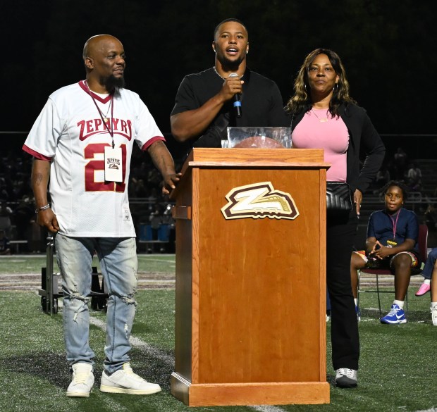 Saquon Barkley is inducted into the Whitehall Hall of Fame on Friday, Sept. 5,2025, at halftime during a Whitehall High School football game in Whitehall Township. (Amy Shortell/The Morning Call)