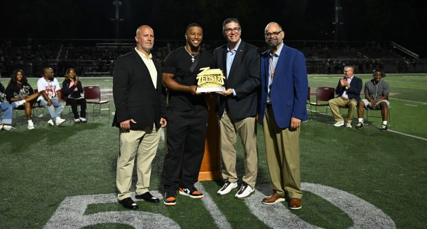 Saquon Barkley is inducted into the Whitehall Hall of Fame on Friday, Sept. 5,2025, at halftime during a Whitehall High School football game in Whitehall Township. (Amy Shortell/The Morning Call)